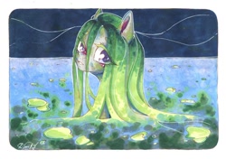 Size: 1280x903 | Tagged: safe, artist:dorry, imported from derpibooru, oc, oc only, pony, blushing, green hair, lilypad, looking at you, looking back, scanned, solo, traditional art, water, watercolor painting, white frame