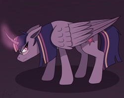 Size: 2048x1622 | Tagged: safe, artist:juiceboxartz, imported from derpibooru, twilight sparkle, alicorn, pony, alternate design, curved horn, female, glowing, glowing horn, horn, solo, twilight sparkle (alicorn)