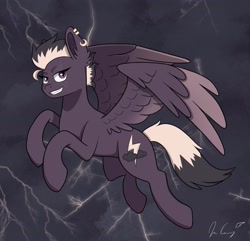 Size: 2048x1978 | Tagged: safe, artist:juiceboxartz, imported from derpibooru, oc, oc only, oc:electric storm, pegasus, pony, female, flying, lightning, pegasus oc, rain, thunderstorm