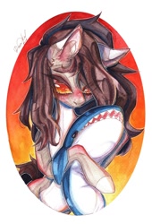 Size: 736x1080 | Tagged: safe, artist:dorry, imported from derpibooru, oc, oc only, earth pony, pony, shark, blåhaj, colored eyelashes, earth pony oc, holding, hug, hugging a toy, looking down, marker drawing, markings, plushie, shark plushie, solo, toy, traditional art, watercolor painting, white frame