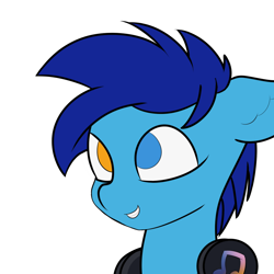 Size: 1270x1270 | Tagged: safe, artist:japkozjad, imported from derpibooru, oc, oc only, oc:apply, pegasus, pony, blue mane, headphones, heterochromia, looking at someone, pegasus oc, simple background, smiling, white background