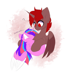Size: 2048x2048 | Tagged: safe, artist:squirrel, imported from derpibooru, oc, oc:hardy, oc:milana, alicorn, pony, chest fluff, colored sketch, duo, ear fluff, female, hug, male, mare, stallion, straight, surprised, translated in the description