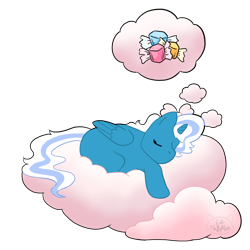 Size: 1200x1200 | Tagged: safe, artist:lib-fluffymoss, imported from derpibooru, oc, oc only, oc:fleurbelle, alicorn, pony, alicorn oc, bow, candy, cloud, dream, female, food, hair bow, horn, lying down, lying on a cloud, mare, on a cloud, simple background, sleeping, solo, transparent background, wings