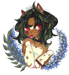 Size: 994x1080 | Tagged: safe, artist:dorry, imported from derpibooru, oc, oc only, pony, :p, bracelet, choker, flower, freckles, jewelry, leaves, looking at you, marker drawing, markings, simple background, solo, tongue out, traditional art, tree branch, white background