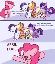 Size: 2305x2676 | Tagged: safe, artist:nawnii, imported from derpibooru, applejack, fluttershy, pinkie pie, rainbow dash, rarity, twilight sparkle, alicorn, earth pony, pegasus, pony, unicorn, fanfic:cupcakes, :3, april fools, april fools 2023, comic, dialogue, mane six, oh no, the implications are horrible, this will not end well, twilight sparkle (alicorn)
