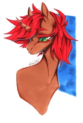 Size: 724x1080 | Tagged: safe, artist:dorry, imported from derpibooru, oc, oc only, pony, unicorn, bust, curved horn, green eyes, horn, looking down, male, marker drawing, portrait, red mane, scan, scanned, simple background, solo, stallion, traditional art, unicorn oc, white background