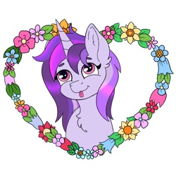 Size: 2000x2000 | Tagged: safe, artist:starlight-j, imported from derpibooru, oc, oc only, oc:dreaming bell, pony, unicorn, :p, chest fluff, commission, cute, female, flower, frame, heart, horn, looking up, mare, pastel, simple background, solo, tongue out, unicorn oc, white background