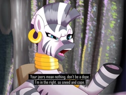 Size: 2000x1508 | Tagged: safe, artist:greenybeanz, imported from derpibooru, zecora, zebra, caption, female, frown, gradient background, half body, mare, rhyme, solo, talking, text, the eric andre show, why are you booing me i'm right