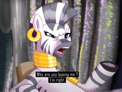 Size: 2000x1508 | Tagged: safe, artist:greenybeanz, imported from derpibooru, zecora, zebra, caption, female, frown, gradient background, half body, mare, solo, talking, text, the eric andre show, why are you booing me i'm right