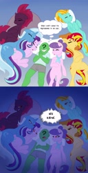 Size: 2000x3902 | Tagged: safe, artist:greenybeanz, imported from derpibooru, lightning dust, starlight glimmer, sunset shimmer, suri polomare, tempest shadow, trixie, oc, oc:anon, earth pony, human, pegasus, pony, unicorn, anon gets all the mares, bed, crotch bulge, female, glowing, glowing eyes, gone horribly right, hug, lucky bastard, male, red eyes, sleeping, straight, this will end in snu snu