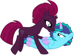 Size: 6122x4566 | Tagged: safe, artist:ejlightning007arts, imported from derpibooru, fizzlepop berrytwist, tempest shadow, pony, unicorn, base used, bedroom eyes, broken horn, coat markings, female, freckles, g5, generation leap, horn, lesbian, mare, mispest, misty brightdawn, scar, simple background, socks (coat markings), transparent background, vector