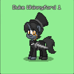 Size: 563x558 | Tagged: safe, imported from derpibooru, oc, oc only, oc:duke canterford i, pony, unicorn, blaze (coat marking), bowtie, clothes, coat markings, facial markings, hat, horn, monocle, sword, top hat, unicorn oc, weapon