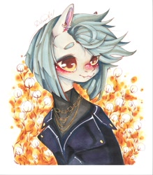 Size: 948x1080 | Tagged: safe, artist:dorry, imported from derpibooru, oc, oc only, pony, blushing, chains, clothes, cotton, fangs, gold, golden chain, jacket, jewelry, leather, leather jacket, marker drawing, simple background, solo, traditional art, white background