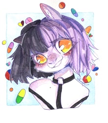 Size: 949x1080 | Tagged: safe, artist:dorry, imported from derpibooru, oc, oc only, pony, belt, blue background, bust, cute, cute little fangs, fangs, looking away, marker drawing, pill, portrait, simple background, solo, traditional art, two toned hair, white background