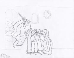 Size: 1600x1241 | Tagged: safe, artist:xyclone, imported from derpibooru, princess celestia, alicorn, pony, butt, chubby, clock, female, implied vore, mare, plot, raising the sun, signature, sunrise, traditional art, weight gain