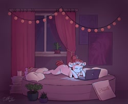 Size: 1280x1041 | Tagged: safe, artist:survya, imported from derpibooru, oc, oc only, earth pony, pony, bed, cactus, computer, curtains, earth pony oc, female, food, garland, indoors, laptop computer, mare, night, pizza, plant, poster, room, solo