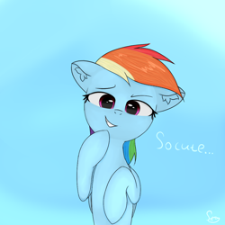 Size: 1000x1000 | Tagged: safe, artist:skylairo, derpibooru exclusive, imported from derpibooru, rainbow dash, pegasus, pony, female, looking at you, mare, simple background, smiling, smirk, solo, text, watermark