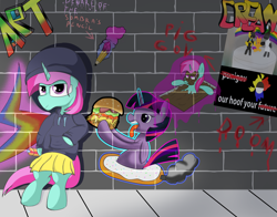 Size: 2800x2200 | Tagged: safe, artist:amateur-draw, imported from derpibooru, twilight sparkle, oc, oc only, oc:belle boue, alicorn, pony, unicorn, bipedal, burger, clothes, covered in mud, crossdressing, donut, edgy, edgy as fuck, food, graffiti, hay burger, hoodie, leaning, mud, mud bath, mud mask, pencil, poster, propaganda, skirt, solo, tongue out, twilight sparkle (alicorn), wall, wet and messy