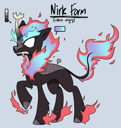 Size: 1471x1559 | Tagged: safe, artist:beetlebonez, imported from derpibooru, oc, oc only, oc:raspberry spark, kirin, nirik, angry, cloven hooves, fangs, fire, kirin oc, male, raised hoof, reference sheet, scowl, simple background, solo, white eyes