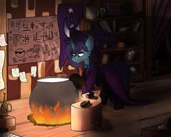 Size: 3375x2700 | Tagged: safe, artist:ashel_aras, imported from derpibooru, oc, oc only, oc:beatrice mills, changeling, pony, unicorn, board, boiler, book, bookshelf, changeling oc, clothes, coat of arms, costume, detailed background, duo, ear piercing, earring, fire, flower, glowing, glowing eyes, hat, jar, jewelry, photography, piercing, potion, potion making, smiling, smirk, witch, witch costume, witch hat