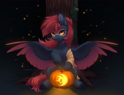 Size: 3900x3000 | Tagged: safe, artist:avroras_world, imported from derpibooru, firefly (insect), insect, pegasus, pony, black background, clothes, embers, halloween, holiday, hooves, jack-o-lantern, male, mask, night, orange eyes, pumpkin, scarf, simple background, solo, spread wings, tree, wings