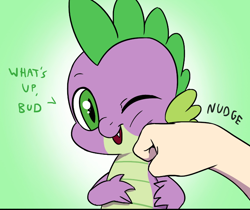 Size: 800x673 | Tagged: safe, artist:doublewbrothers, edit, imported from derpibooru, spike, dragon, human, cropped, cute, green background, looking at you, nudge, one eye closed, simple background, smiling, smiling at you, spikabetes