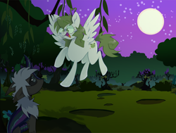 Size: 2770x2093 | Tagged: safe, artist:beetlebonez, imported from derpibooru, oc, oc only, oc:gloworm, kirin, pegasus, pony, black sclera, curved horn, duo, everfree forest, gray coat, gray eyes, green coat, green eyes, horn, hybrid oc, kirin oc, landing, looking up, pegasus oc, screencap background, smiling