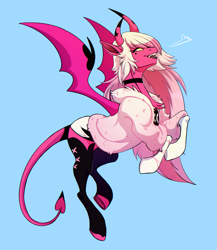 Size: 3151x3631 | Tagged: safe, artist:1an1, imported from derpibooru, demon, demon pony, pony, succubus, succubus pony, chest fluff, choker, clothes, demon wings, devil tail, female, helluva boss, jacket, open mouth, ponified, simple background, smiling, solo, spread wings, tail, verosika mayday, wings