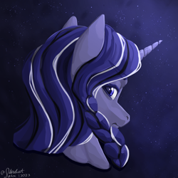 Size: 4000x4000 | Tagged: safe, artist:stardustspix, imported from derpibooru, oc, oc only, oc:coral eve, pony, unicorn, fallout equestria, fallout equestria: murky number seven, abstract background, bust, cracked horn, fanfic art, female, horn, looking at you, looking back, looking back at you, mare, portrait, solo, sternocleidomastoid