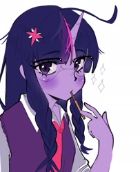 Size: 1686x2073 | Tagged: safe, artist:parappaya, imported from derpibooru, twilight sparkle, human, equestria girls, female, food, horn, horned humanization, humanized, pocky, simple background, solo, white background