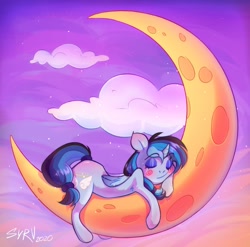 Size: 1197x1182 | Tagged: safe, artist:survya, imported from derpibooru, oc, oc only, pony, unicorn, cloud, crescent moon, horn, mascara, moon, sleeping, sleeping on moon, small horn, solo, sunset, tangible heavenly object, unicorn oc