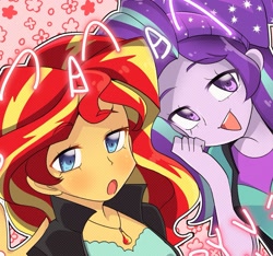 Size: 1545x1449 | Tagged: safe, alternate version, artist:parappaya, imported from derpibooru, starlight glimmer, sunset shimmer, human, equestria girls, duo, female, lesbian, shimmerglimmer, shipping