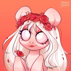 Size: 1000x1000 | Tagged: safe, artist:survya, imported from derpibooru, part of a set, oc, oc only, earth pony, pony, albino, colored sclera, cute, daaaaaaaaaaaw, ear cleavage, earth pony oc, female, floral head wreath, flower, flower in hair, lips, mare, red background, simple background, solo, white mane, white pupils