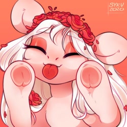 Size: 1000x1000 | Tagged: safe, artist:survya, imported from derpibooru, part of a set, oc, oc only, earth pony, pony, albino, cute, daaaaaaaaaaaw, ear cleavage, earth pony oc, eyes closed, female, floral head wreath, flower, flower in hair, frog (hoof), hoofbutt, licking, licking the fourth wall, lips, mare, mascara, red background, simple background, solo, tongue out, underhoof, white mane
