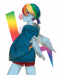 Size: 3338x4096 | Tagged: safe, artist:_agrust_, imported from derpibooru, rainbow dash, human, equestria girls, bubblegum, clothes, cute, dashabetes, female, food, gum, humanized, shorts, simple background, solo, white background, winged humanization, wings