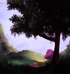Size: 1407x1486 | Tagged: safe, artist:itssim, imported from derpibooru, fluttershy, pegasus, pony, female, mare, mountain, scenery, solo, tree, under the tree