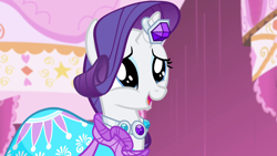 Size: 1280x720 | Tagged: safe, imported from derpibooru, screencap, rarity, pony, unicorn, simple ways, clothes, cute, dress, female, hnnng, horn, horn ring, mare, open mouth, raribetes, ring, solo, squishy cheeks, wide eyes