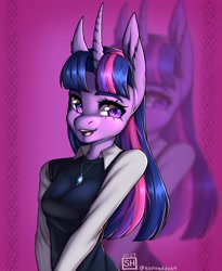 Size: 2300x2800 | Tagged: safe, artist:expireddeity, imported from derpibooru, twilight sparkle, anthro, unicorn, clothes, curved horn, female, horn, solo, unicorn twilight