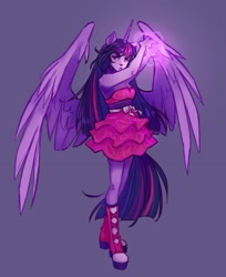 Size: 1465x1799 | Tagged: safe, artist:psyck, imported from derpibooru, twilight sparkle, alicorn, equestria girls, clothes, dress, female, glowing, glowing horn, horn, magic, ponied up, simple background, solo, twilight sparkle (alicorn)