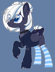 Size: 1080x1422 | Tagged: safe, artist:pasteldraws, imported from derpibooru, oc, oc only, oc:lunara moonstone, pegasus, pony, choker, clothes, female, hoodie, mare, pegasus oc, raised hoof, simple background, socks, solo, striped socks, wings