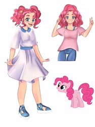 Size: 2304x3072 | Tagged: safe, artist:starlet_black_, imported from derpibooru, pinkie pie, earth pony, human, pony, alternate hairstyle, clothes, dress, female, humanized, pants, shirt, simple background, solo, white background