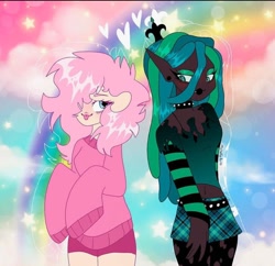 Size: 716x692 | Tagged: safe, artist:mmichelleartss, imported from derpibooru, queen chrysalis, oc, oc:fluffle puff, anthro, human, duo, duo female, female, humanized