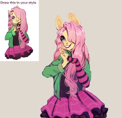 Size: 1280x1238 | Tagged: safe, artist:fedos, artist:s'kostral, imported from derpibooru, fluttershy, anthro, choker, clothes, cute, draw this in your style, dtiys emoflat, evening gloves, fingerless elbow gloves, fingerless gloves, gloves, hair over one eye, hoodie, long gloves, simple background, skirt, solo, spiked choker, striped gloves, sweater