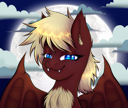 Size: 5439x4620 | Tagged: safe, artist:fraiter, imported from derpibooru, oc, oc only, oc:trinity, bat pony, pony, undead, vampire, vampire bat pony, vampony, bust, chest fluff, cloud, commission, fangs, female, mare, moon, night, outdoors, portrait, solo, spread wings, wings