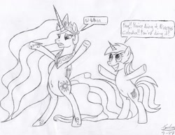 Size: 1600x1237 | Tagged: safe, artist:xyclone, imported from derpibooru, lyra heartstrings, princess celestia, alicorn, pony, unicorn, belly button, bipedal, chubby, dialogue, female, signature, traditional art