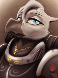 Size: 1560x2100 | Tagged: safe, artist:motley_ad, imported from derpibooru, griffon, equestria at war mod, armor, bust, clothes, female, military, portrait, solo, warhammer (game), warhammer 40k