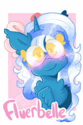 Size: 2000x3000 | Tagged: safe, artist:stinkygooby, imported from derpibooru, oc, oc only, oc:fleurbelle, alicorn, pony, alicorn oc, blushing, bow, female, hair bow, heart, heart eyes, horn, looking at you, mare, smiling, smiling at you, solo, wingding eyes, wings, yellow eyes