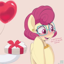 Size: 2500x2500 | Tagged: safe, artist:pyropk, imported from derpibooru, posey shy, pegasus, pony, balloon, blushing, cute, dialogue, disembodied hoof, female, glasses, heart, heart balloon, hearts and hooves day, high res, implied marriage, jewelry, looking away, mare, necklace, pearl necklace, pink background, posey shyabetes, simple background, solo focus