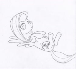 Size: 2200x2000 | Tagged: safe, imported from derpibooru, fluttershy, pegasus, pony, belly button, butt, chubby, dock, female, lying down, on back, plot, sketch, solo, tail, traditional art