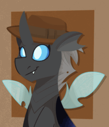 Size: 1200x1400 | Tagged: safe, artist:modularpon, imported from derpibooru, oc, oc only, oc:closed case, changeling, :p, animated, buzzing wings, changeling oc, clothes, cute, gif, hat, simple background, smiling, solo, tongue out, wings